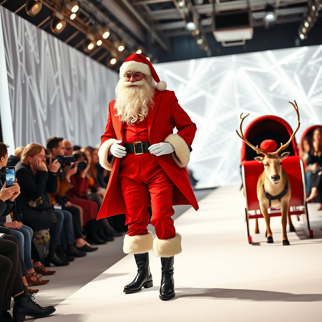 Santa in a modern red suit walking the runway, surrounded by photographers and fashionistas.