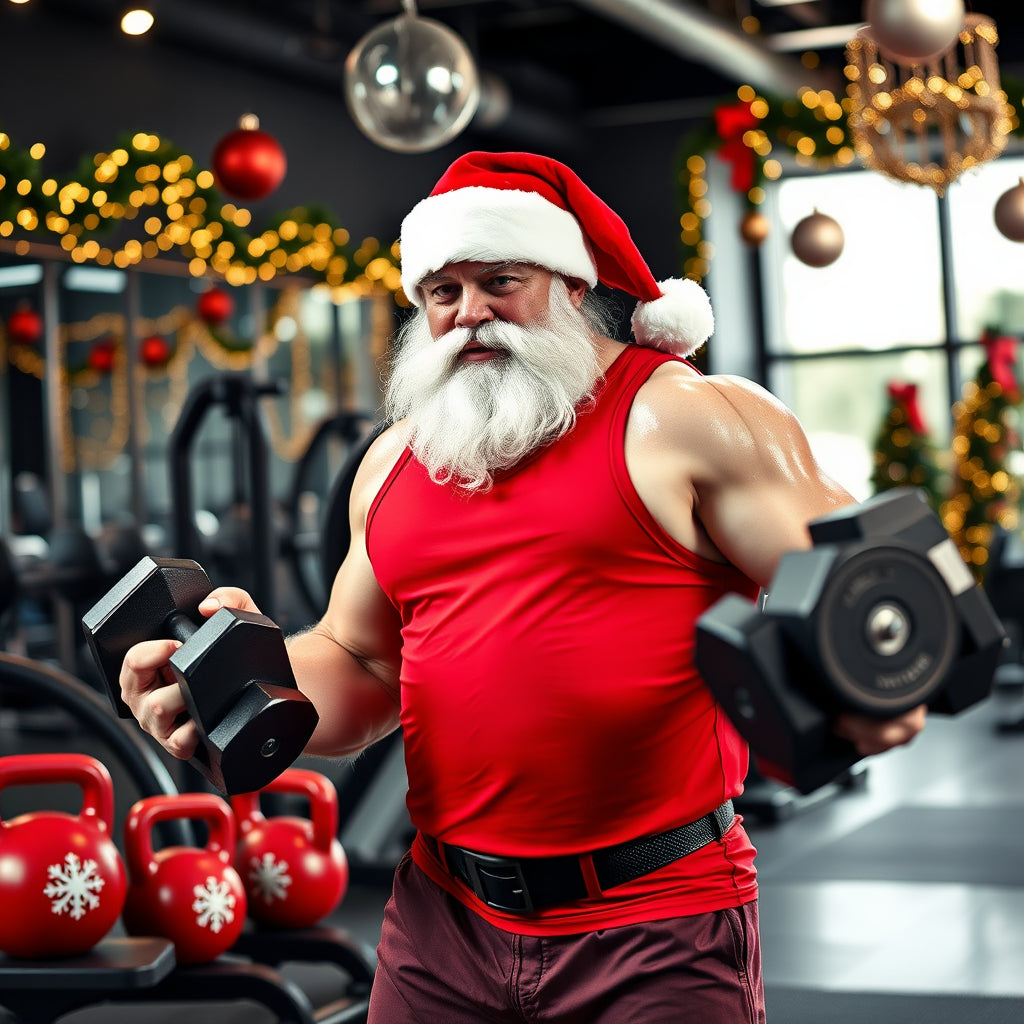 Muscular Santa lifting dumbbells in a high-tech gym decorated with Christmas lights and ornaments.