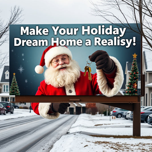 Santa Claus holding keys to a new home on a billboard, with a snowy street background decorated for Christmas.