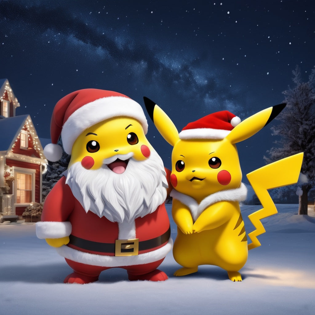 Santa and Pikachu under a starry sky, Pikachu lighting up Christmas lights on Santa’s sleigh