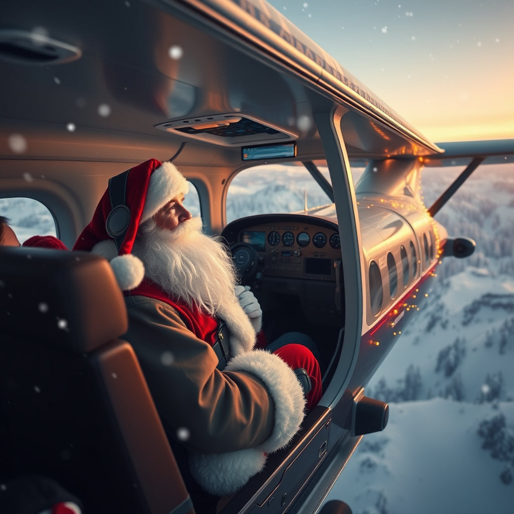 Santa in pilot uniform flying a reindeer-powered plane over snow-covered mountains with Christmas lights.