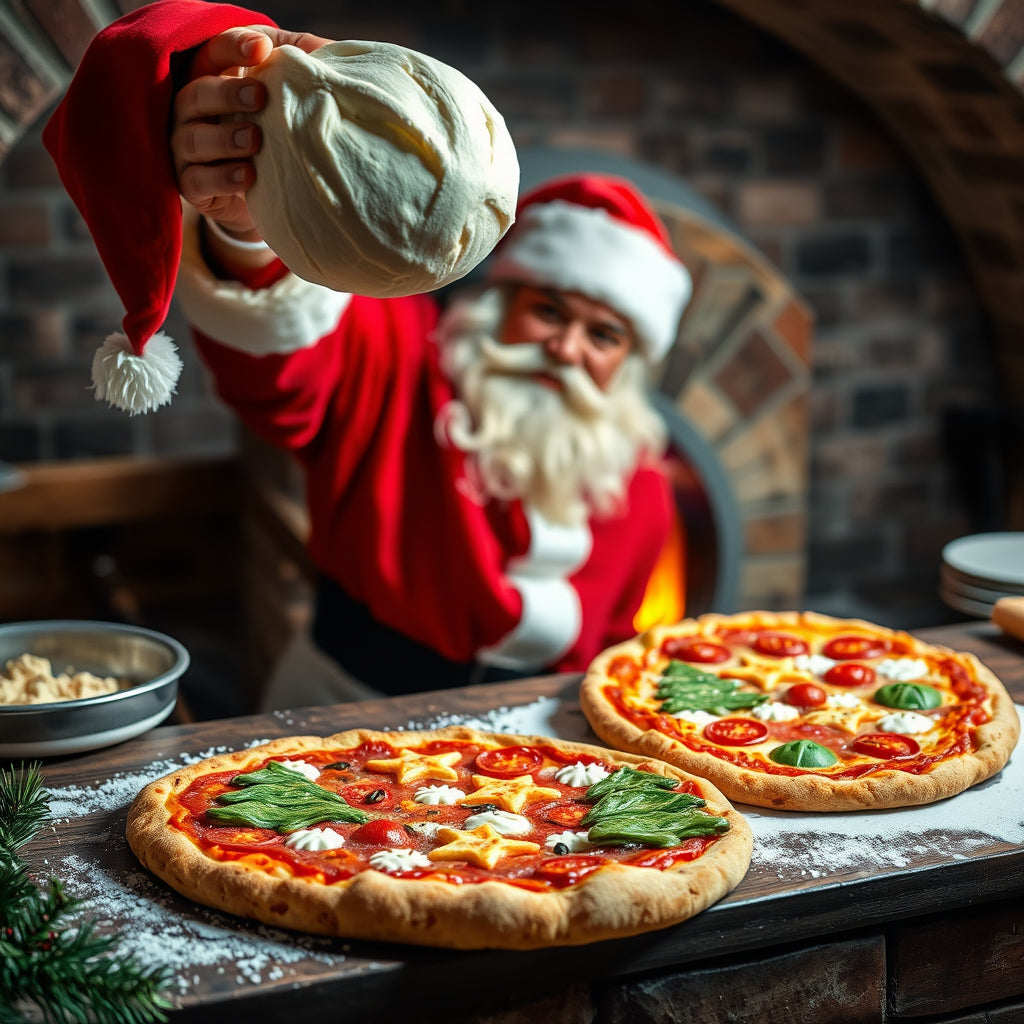 Santa tossing dough in the air to make Christmas-themed pizzas with tree, star, and ornament toppings.