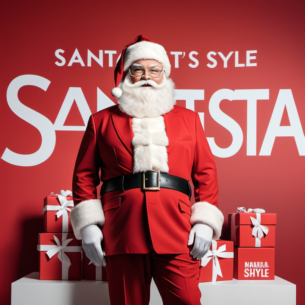 Santa at press event unveiling Christmas clothing line, red suit, 'Santa Style' logo, mannequins