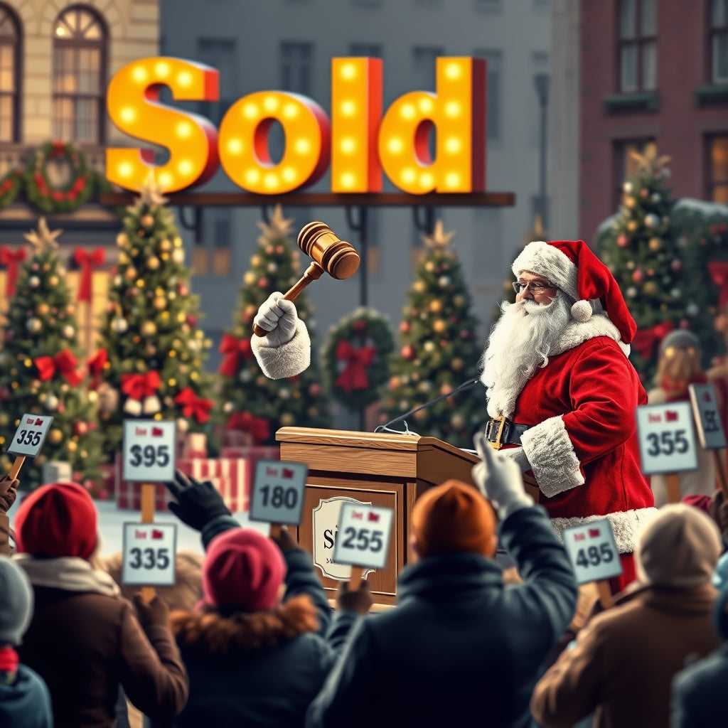 Santa leading a property auction in a festive town square surrounded by Christmas trees and gifts.