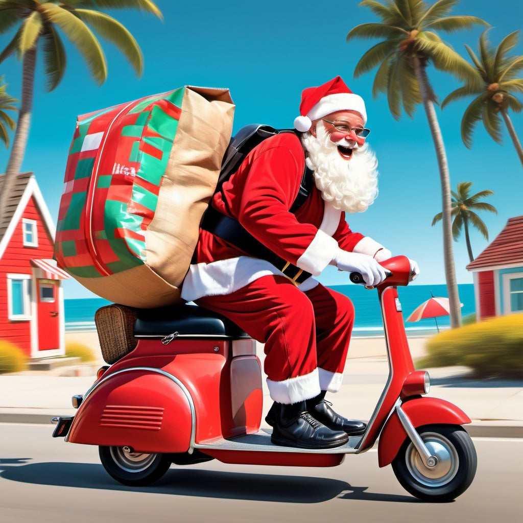 Santa riding red scooter along coastal road, beach huts, sack of Christmas gifts, palm trees, beachgoers waving