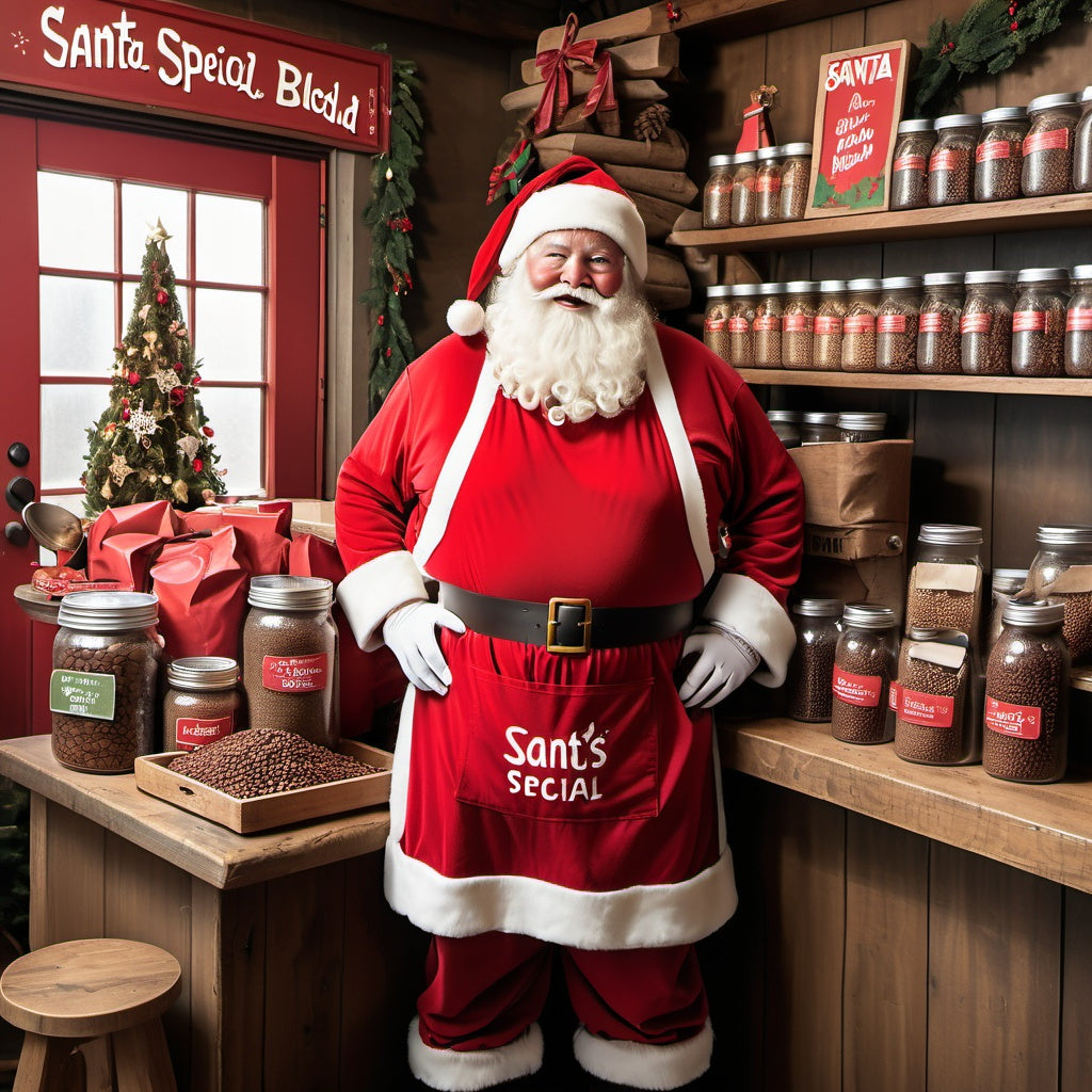 Santa roasting coffee beans, festive spices and holiday atmosphere in a rustic coffee shop