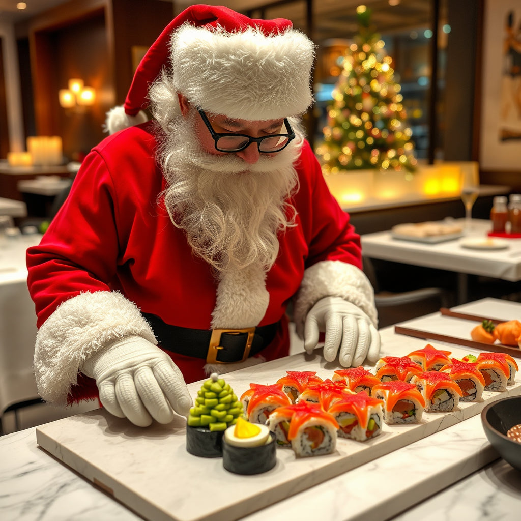 Santa rolling festive Christmas sushi with avocado trees and red tuna stars at a high-end Japanese restaurant.