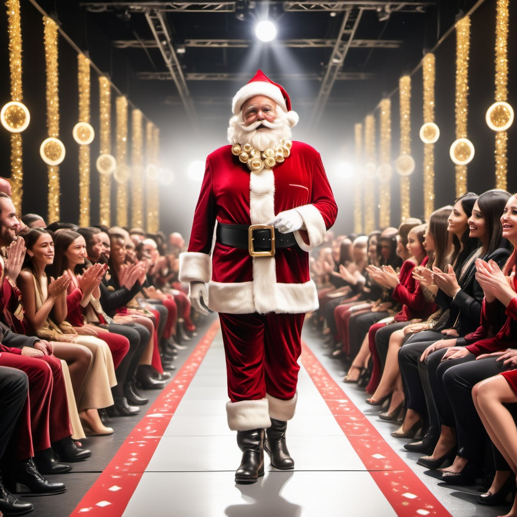 Santa walking down runway in red velvet suit with gold accents, audience clapping, Christmas lights