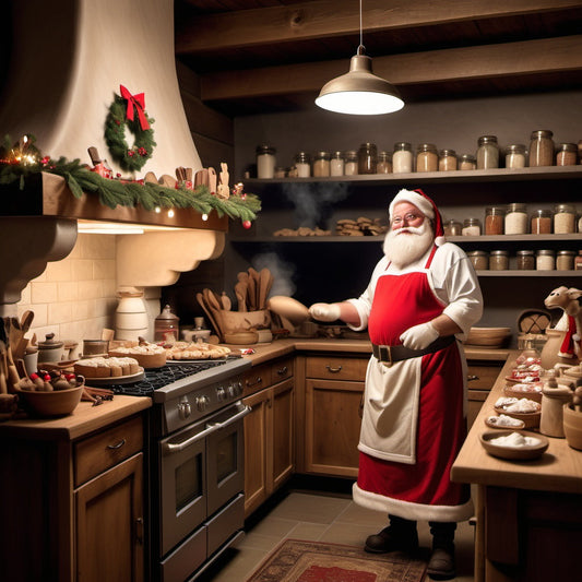 Santa baking Christmas cookies in rustic kitchen, apron, rolling dough, fireplace, holiday décor