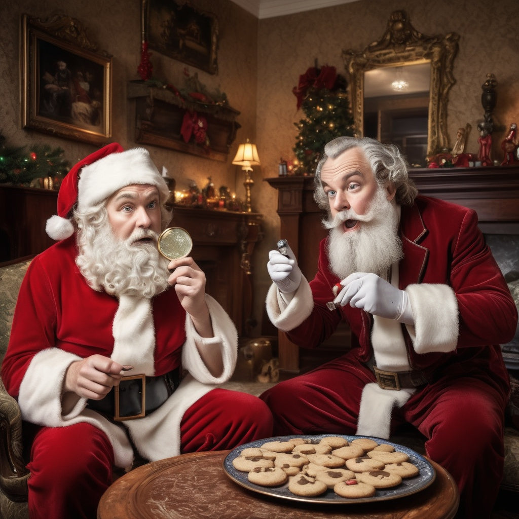 Santa and Sherlock Holmes in Victorian room, examining cookies and missing list