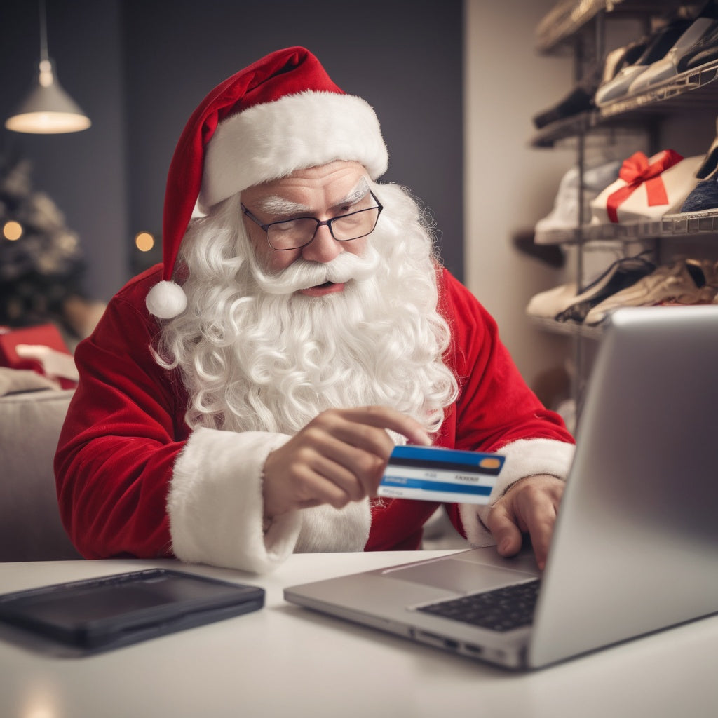 Santa shopping for clothes online or browsing racks with a credit card in hand