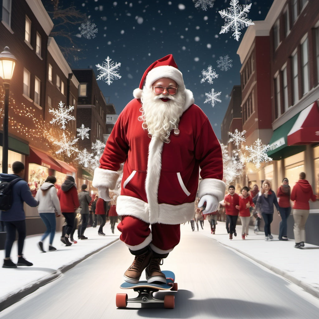 Santa skating down urban street with sack of gifts, snowflakes, children cheering, Christmas decorations