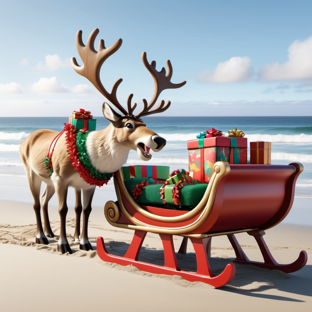 Santa's traditional sleigh on a sandy beach with colorful presents, reindeer, and festive beachgoers in the background