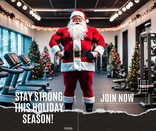 Santa Claus lifting dumbbells in a snowy gym with Christmas lights