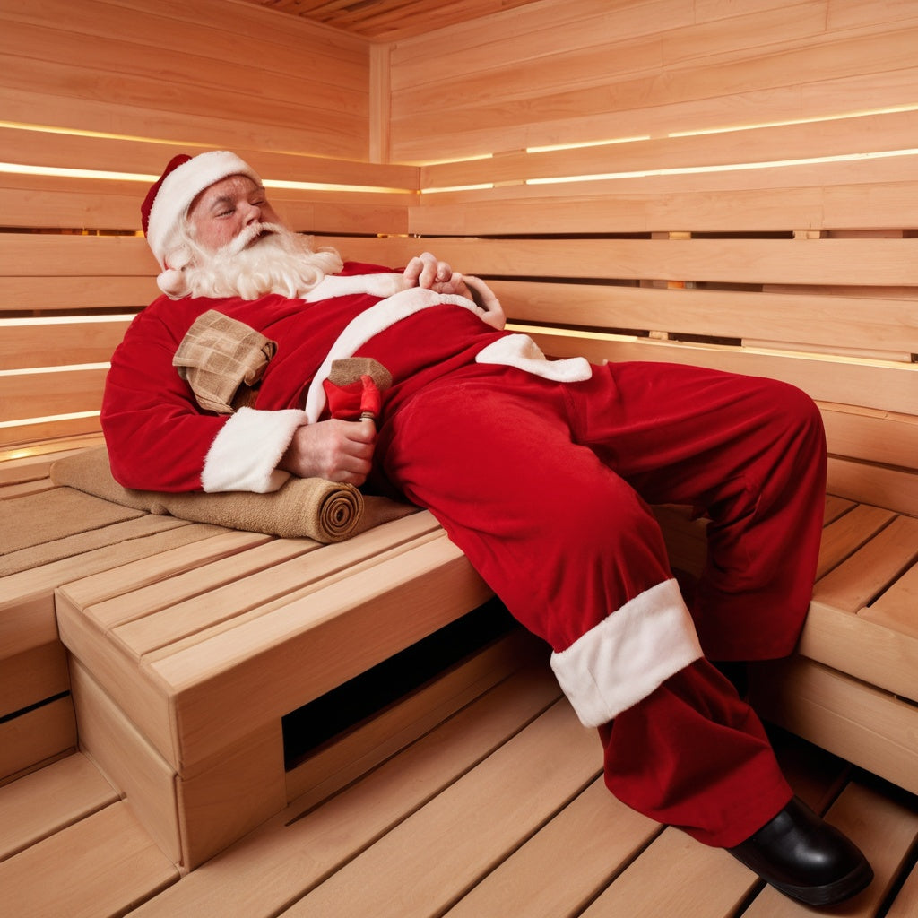 Santa in sauna or getting massage for holiday rejuvenation theme