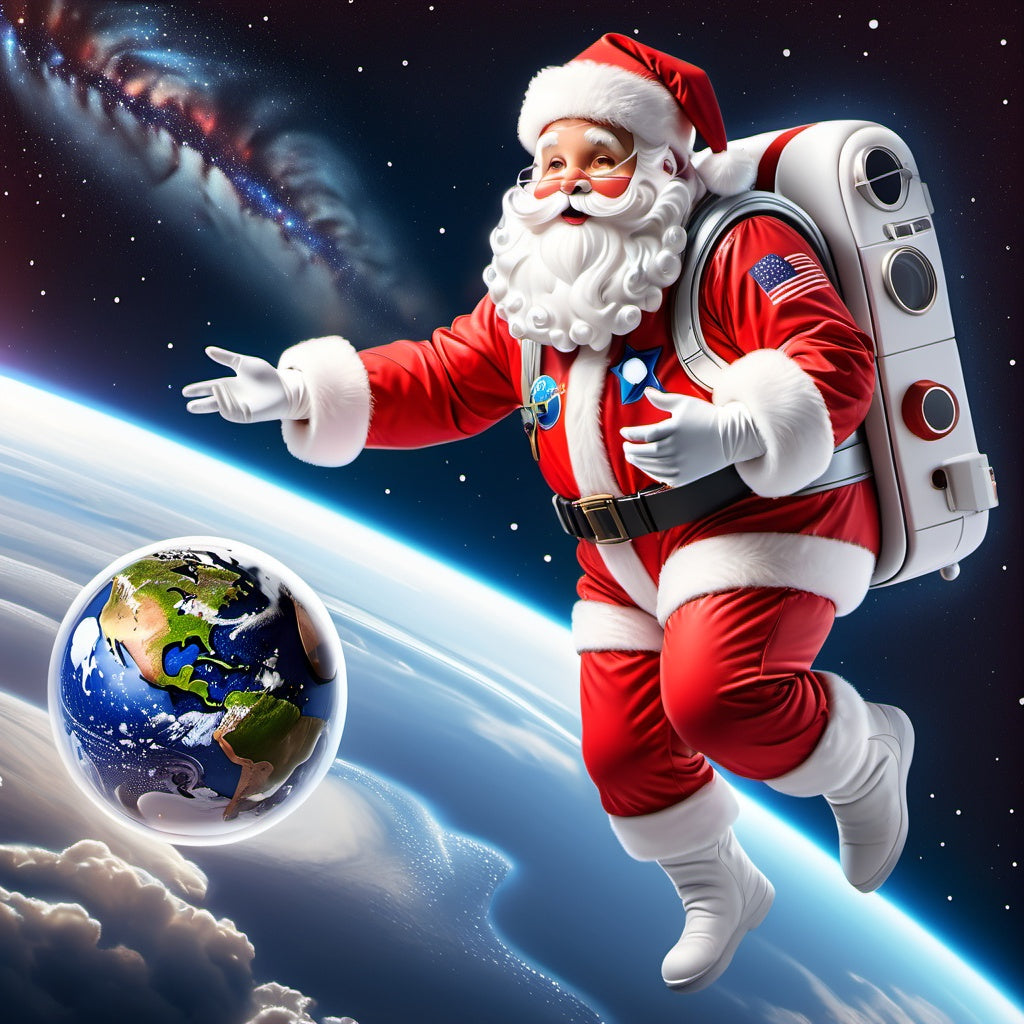 Santa in red and white space suit, holding glowing orb with Earth, zero gravity, stars, Milky Way