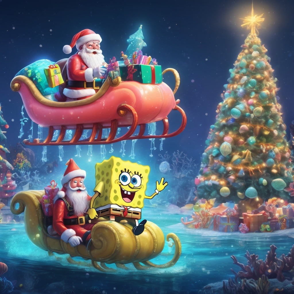 Santa in scuba gear riding a jellyfish sleigh with SpongeBob and Christmas lights in Bikini Bottom