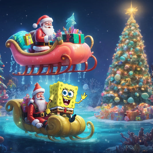 Santa in scuba gear riding a jellyfish sleigh with SpongeBob and Christmas lights in Bikini Bottom