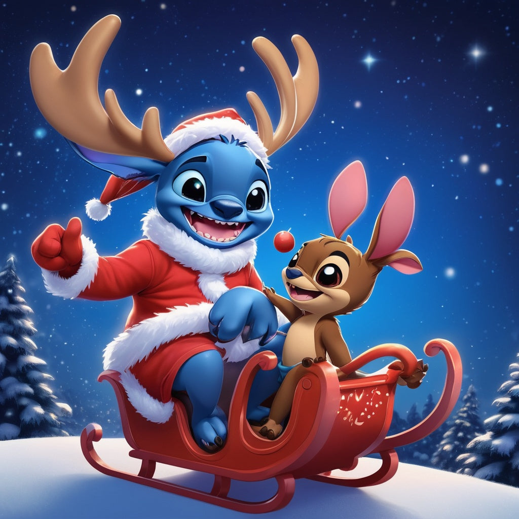 Santa riding sleigh with Stitch in front wearing antlers, night sky with stars