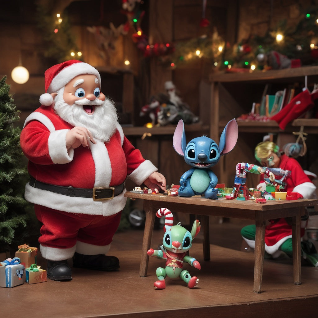 Santa watching Stitch dismantle toy robots, elves chasing, candy canes