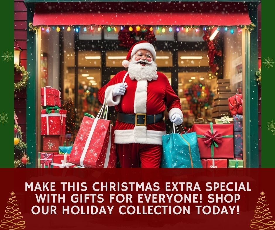 Santa Claus holding a large bag of Christmas presents in front of a festive storefront with snow and holiday decorations