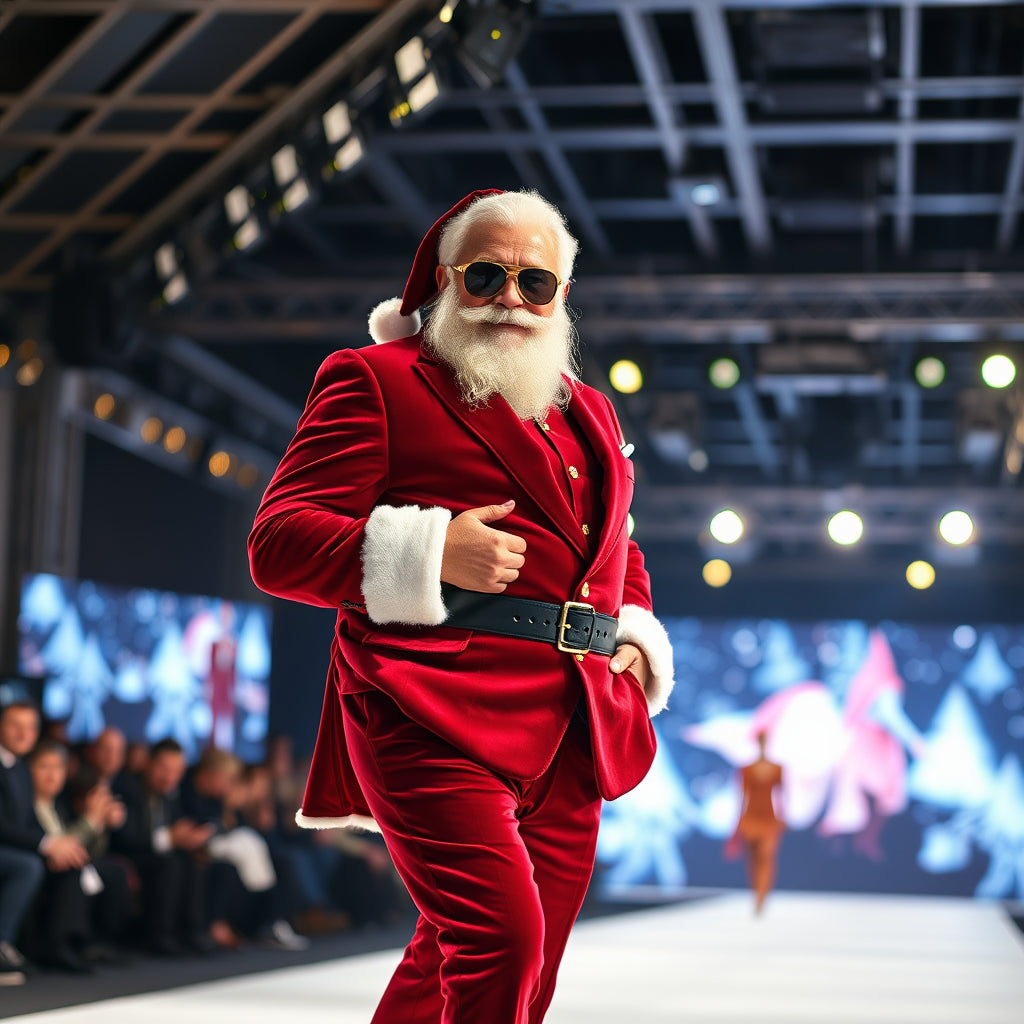 Santa in a stylish red velvet suit with gold accents, posing on a runway under festive lights.