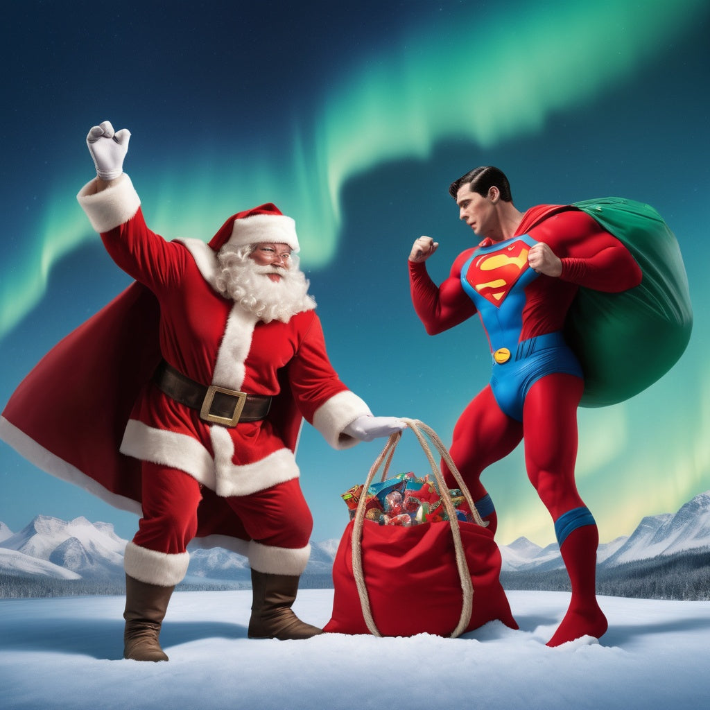 Santa and Superman lifting heavy toy bags at the North Pole, struggling with weight