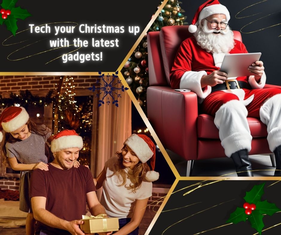 Santa holding a tablet beside a modern Christmas tree with smart devices like headphones and speakers