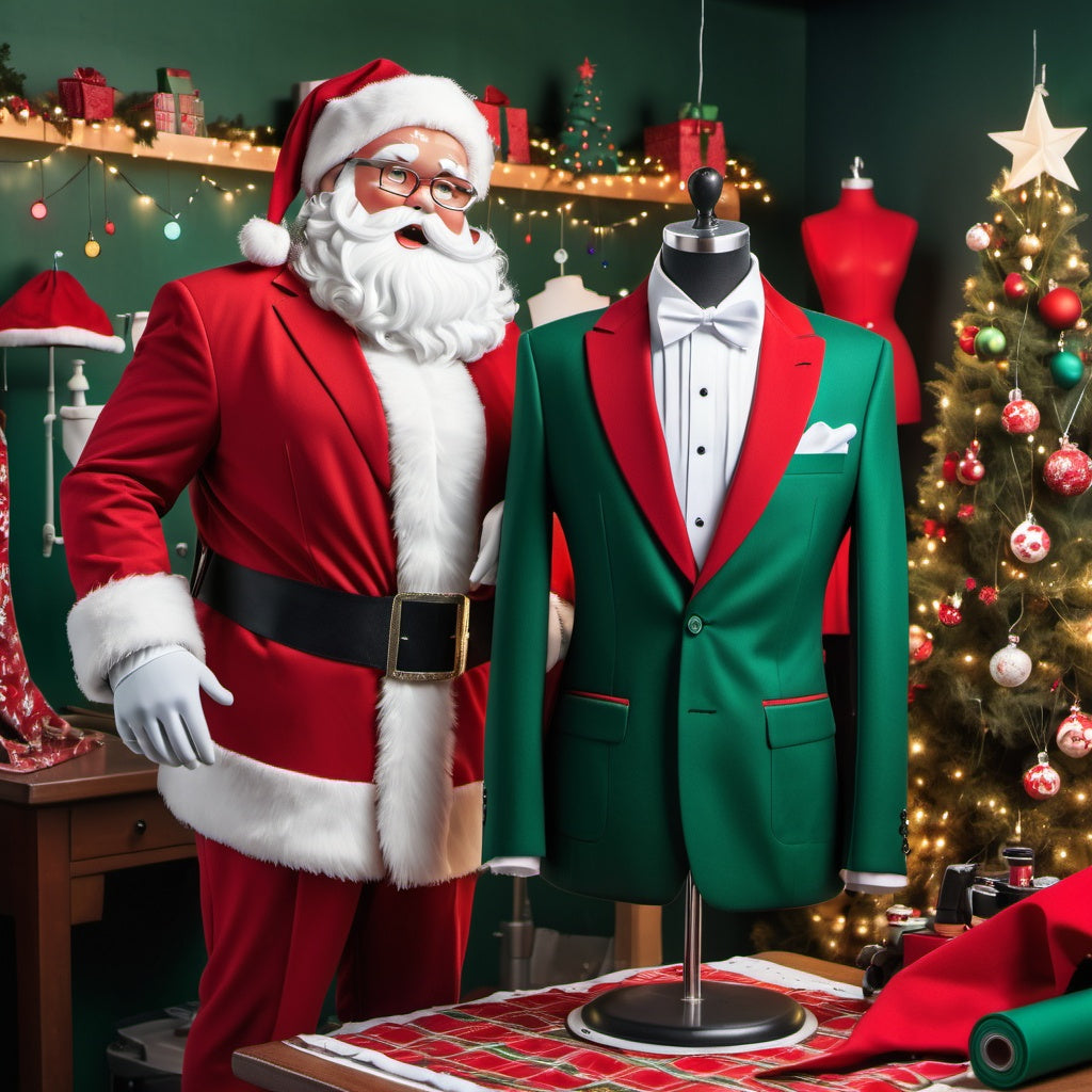 Santa in tailor shop, measuring tape around mannequin with Christmas tuxedo, festive decor