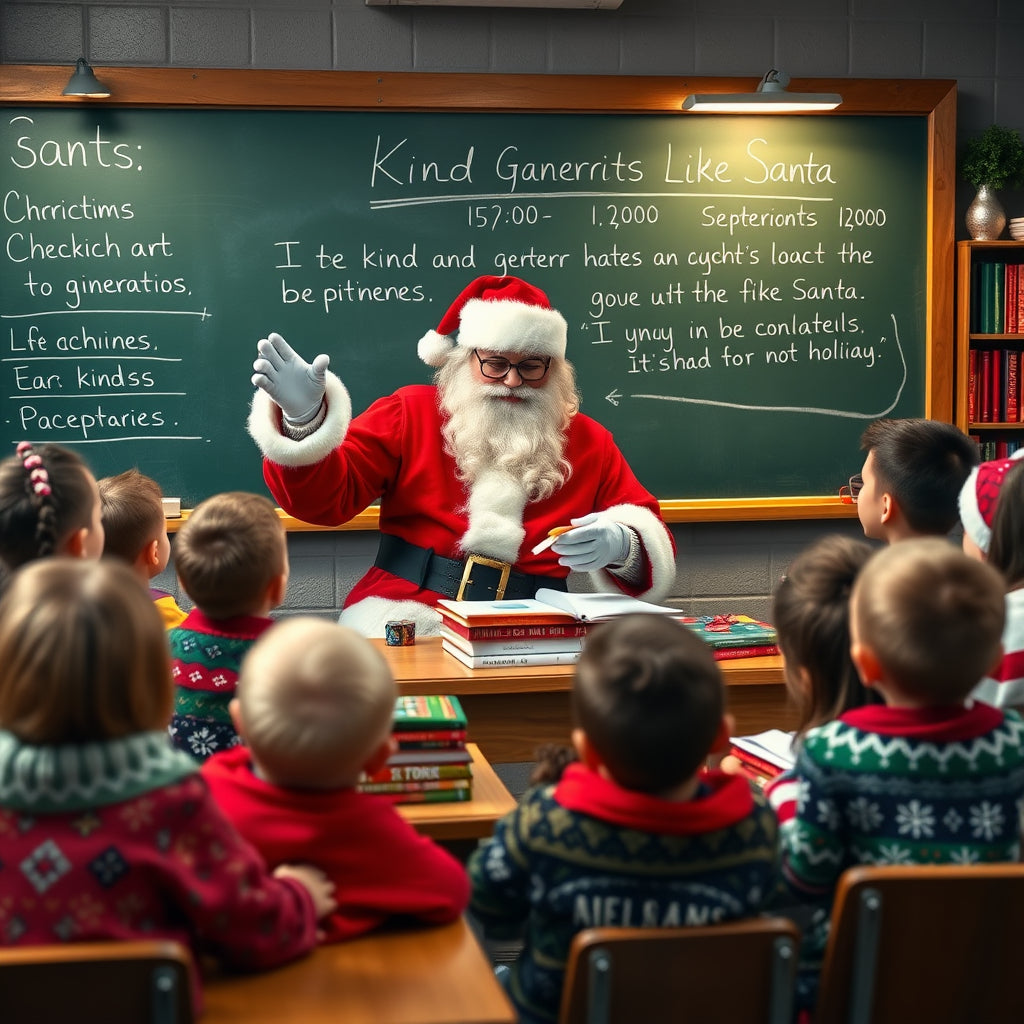 Santa Claus teaching a classroom of children about kindness in a cozy Christmas-themed classroom.