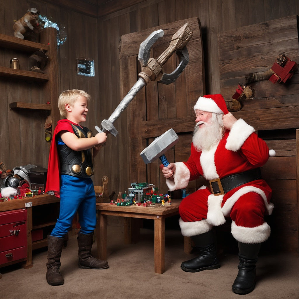 Santa and Thor in North Pole workshop, Thor using Mjolnir to hammer toy trains