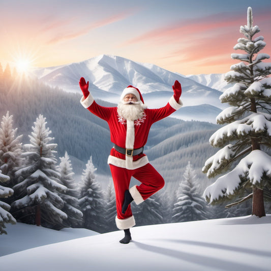 Santa in tree pose on snowy mountaintop, festive yoga pants, Santa hat, serene background with reindeer