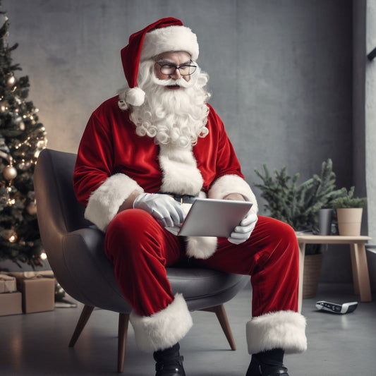 Santa in a trendy outfit trying out modern gadgets