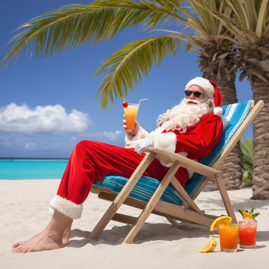 Santa lounging on a deck chair under palm trees with a cocktail