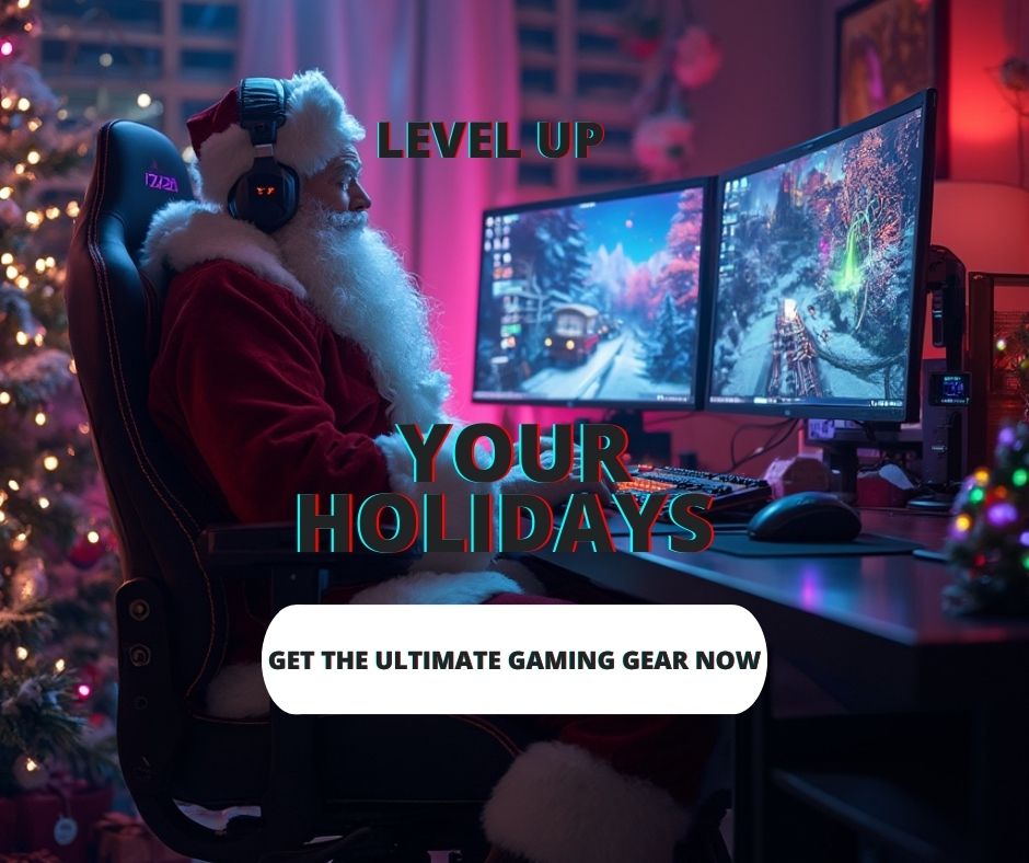 Santa playing video games with a controller and surrounded by gaming gadgets and Christmas décor