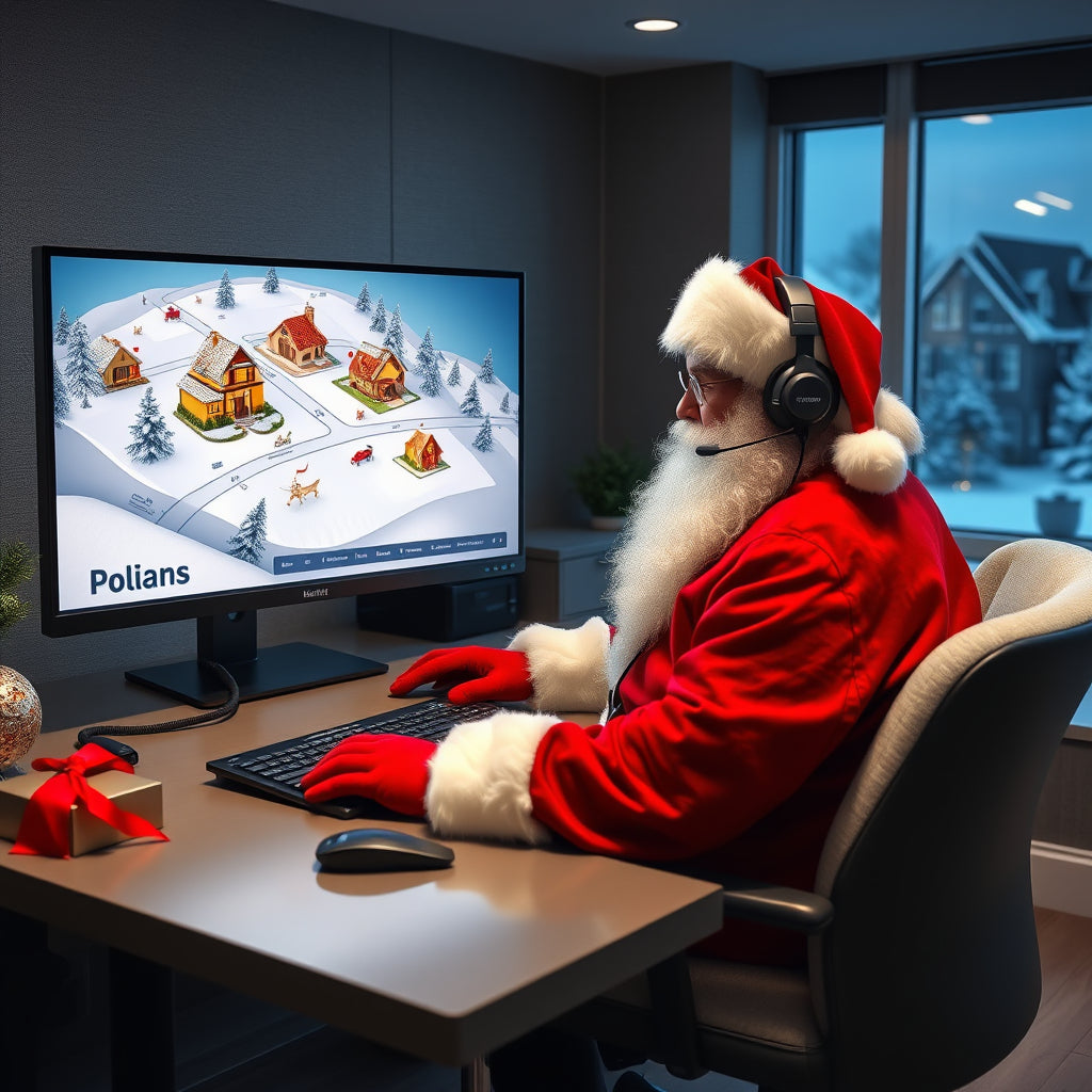 Santa guiding clients through a virtual property tour on a high-tech computer with a snowy neighborhood map.