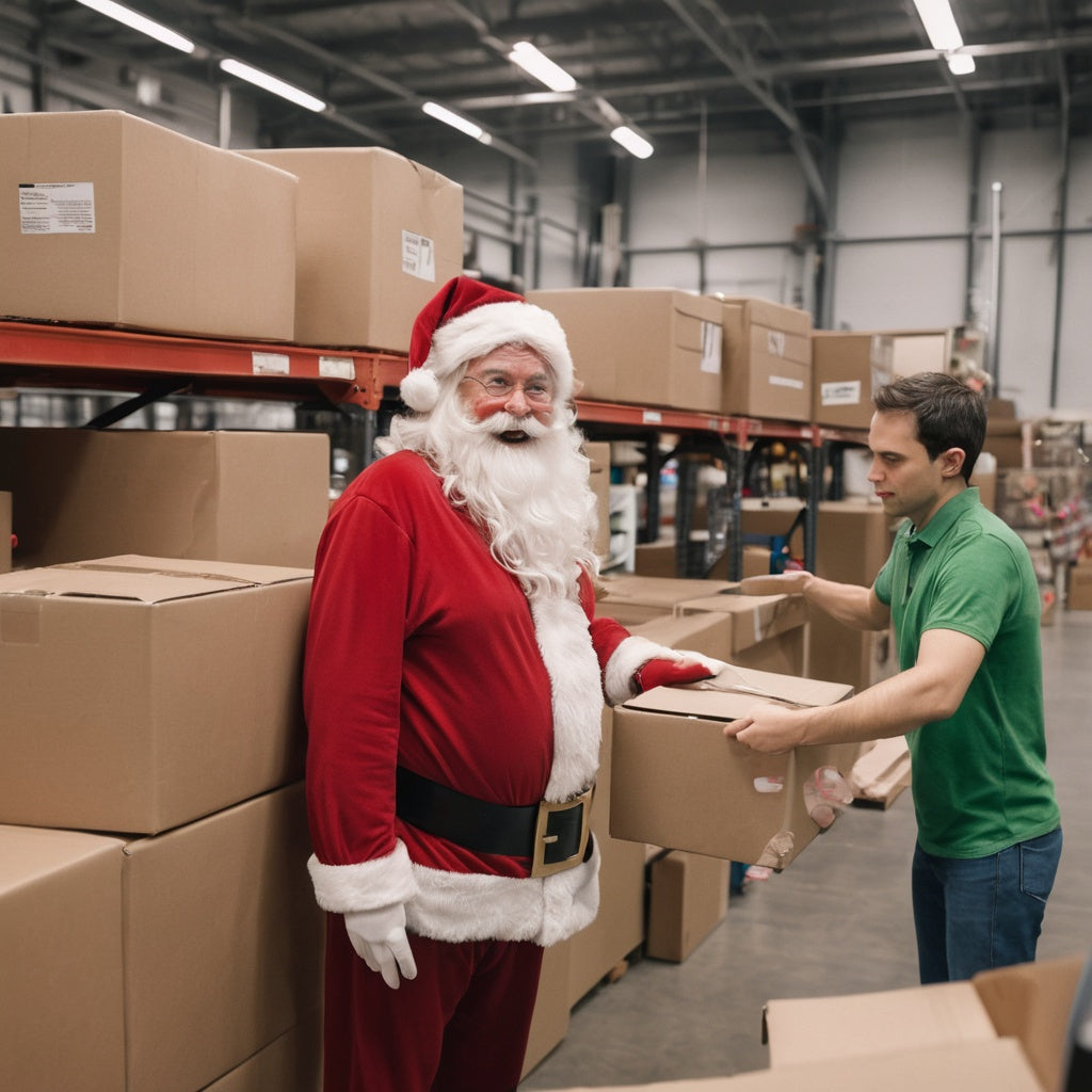 Santa working with elves in a warehouse, packing gifts