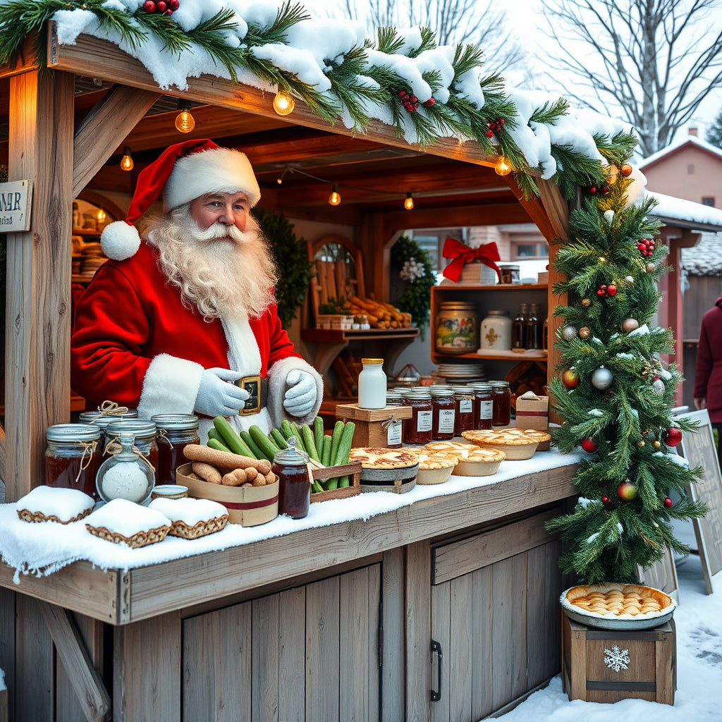 Santa selling fresh produce, jams, and homemade pies at a rustic winter market stand decorated for Christmas.