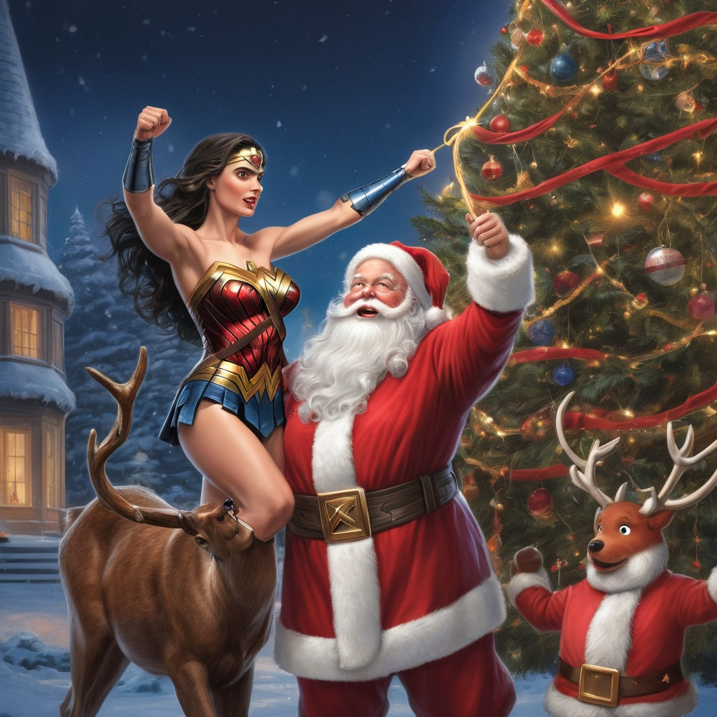 Santa and Wonder Woman decorating Christmas tree, Lasso of Truth hanging ornaments