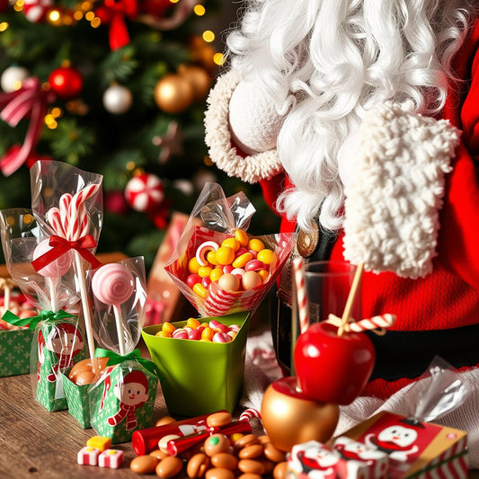 Santa wrapping Christmas candies, lollipops, and caramel apples in colorful, festive packaging.