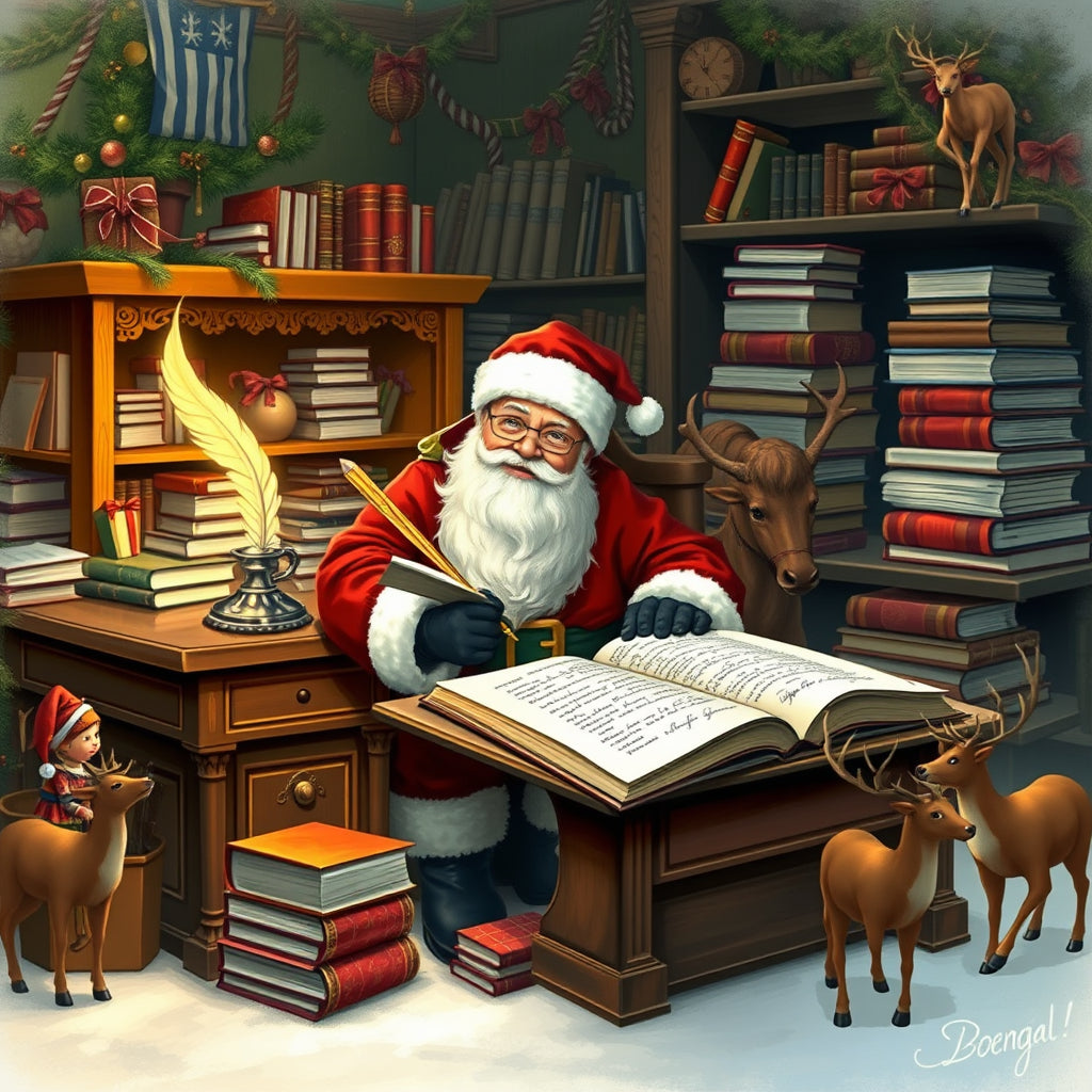 Santa writing a new Christmas story with a quill pen in a cozy room filled with books.