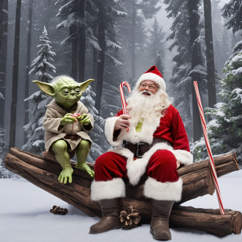 Santa sitting with Yoda in a snowy forest, Yoda holding a candy cane, elves assembling a toy X-Wing