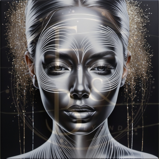 Abstract silver portrait with intersecting lines and glitter accents, set on a matte black background.