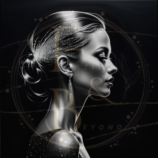 Abstract luxury silver portrait with glitter accents, set on a matte black background.