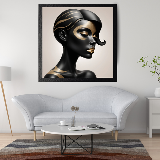 Abstract black-and-gold silhouette of a woman’s profile with clean lines.