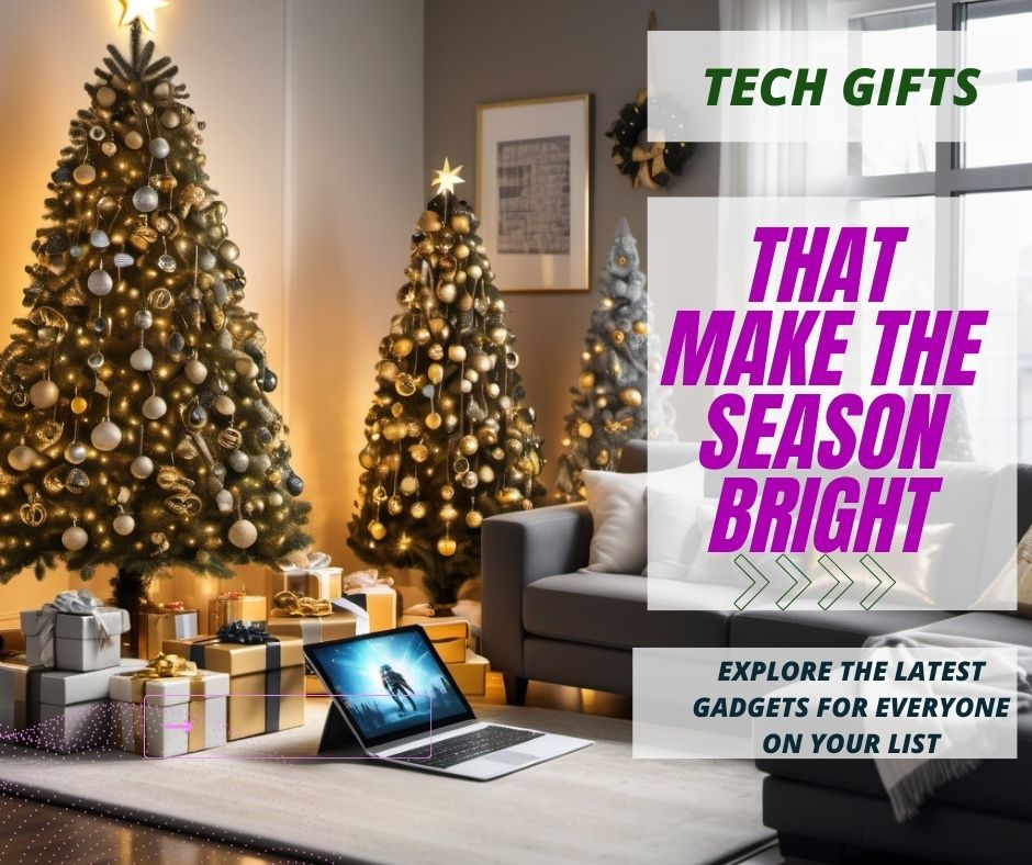 Tech gadgets under a Christmas tree with glowing lights