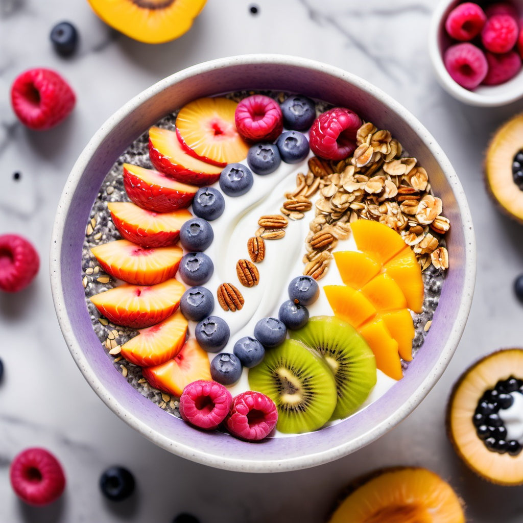 A colorful smoothie bowl topped with fresh fruits, chia seeds, and granola, set against a marble countertop with a floral backdrop.