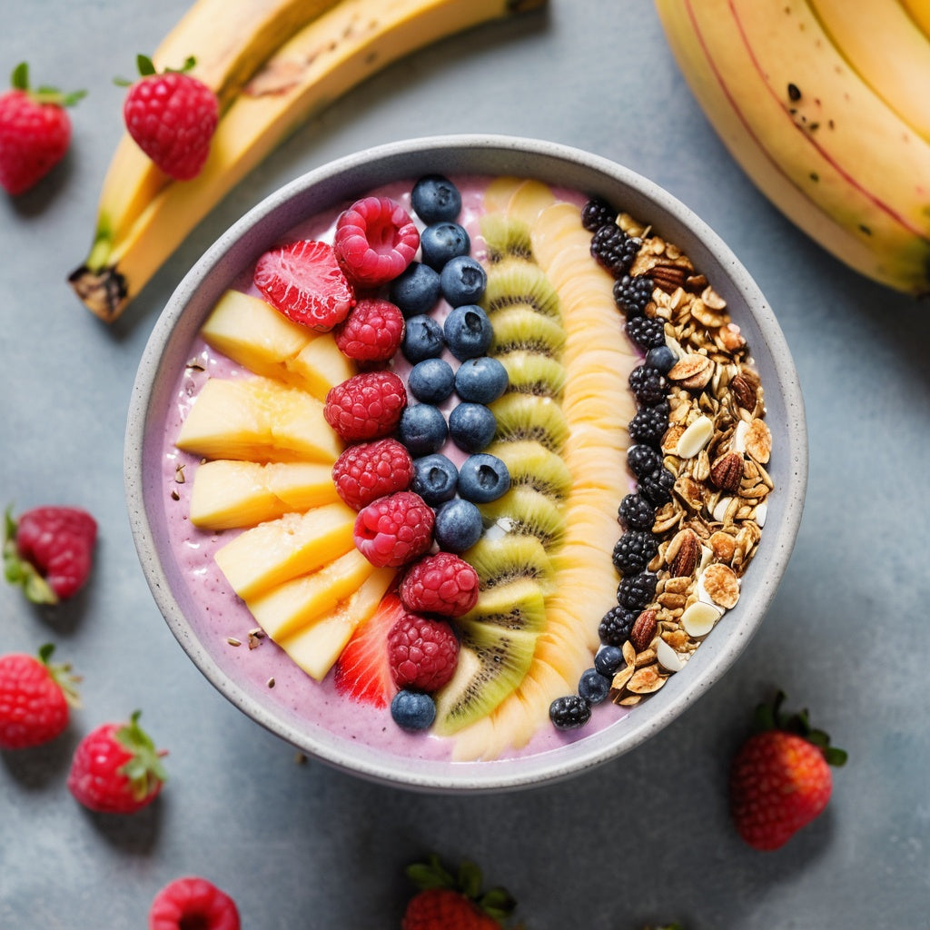 Smoothie bowl with fresh fruit, granola, and seeds