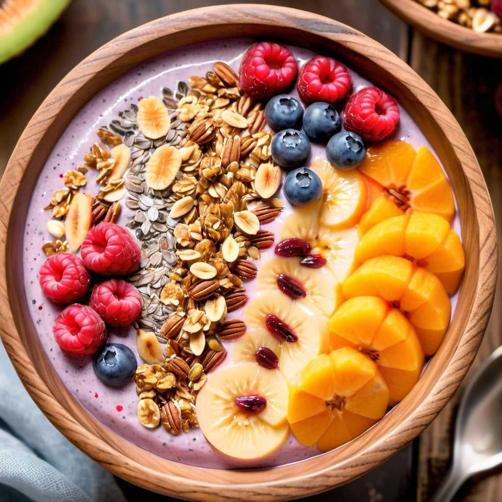 Close-up of a healthy smoothie bowl with granola, fruits, and seeds on top in a rustic wooden bowl.