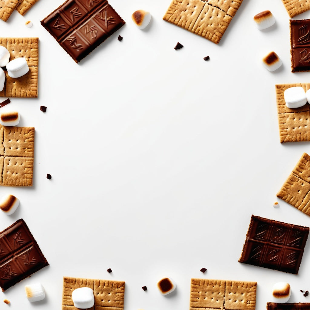 A clean white background with s'mores, graham crackers, chocolate, and marshmallows scattered in the corners.